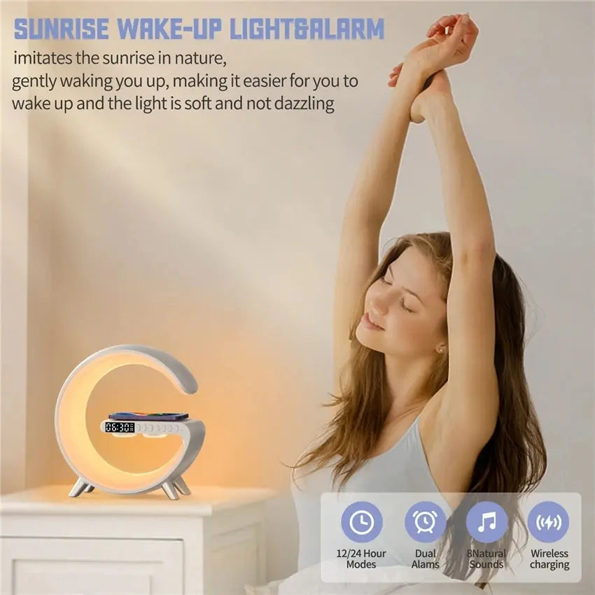 RGB Night Light Lamp Multifunction Alarm Clock with Bluetooth Speaker and Wireless Charger